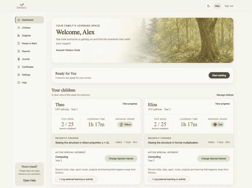 Alex's parent dashboard summarising Theo and Eliza's weekly lessons, learning time and recent work